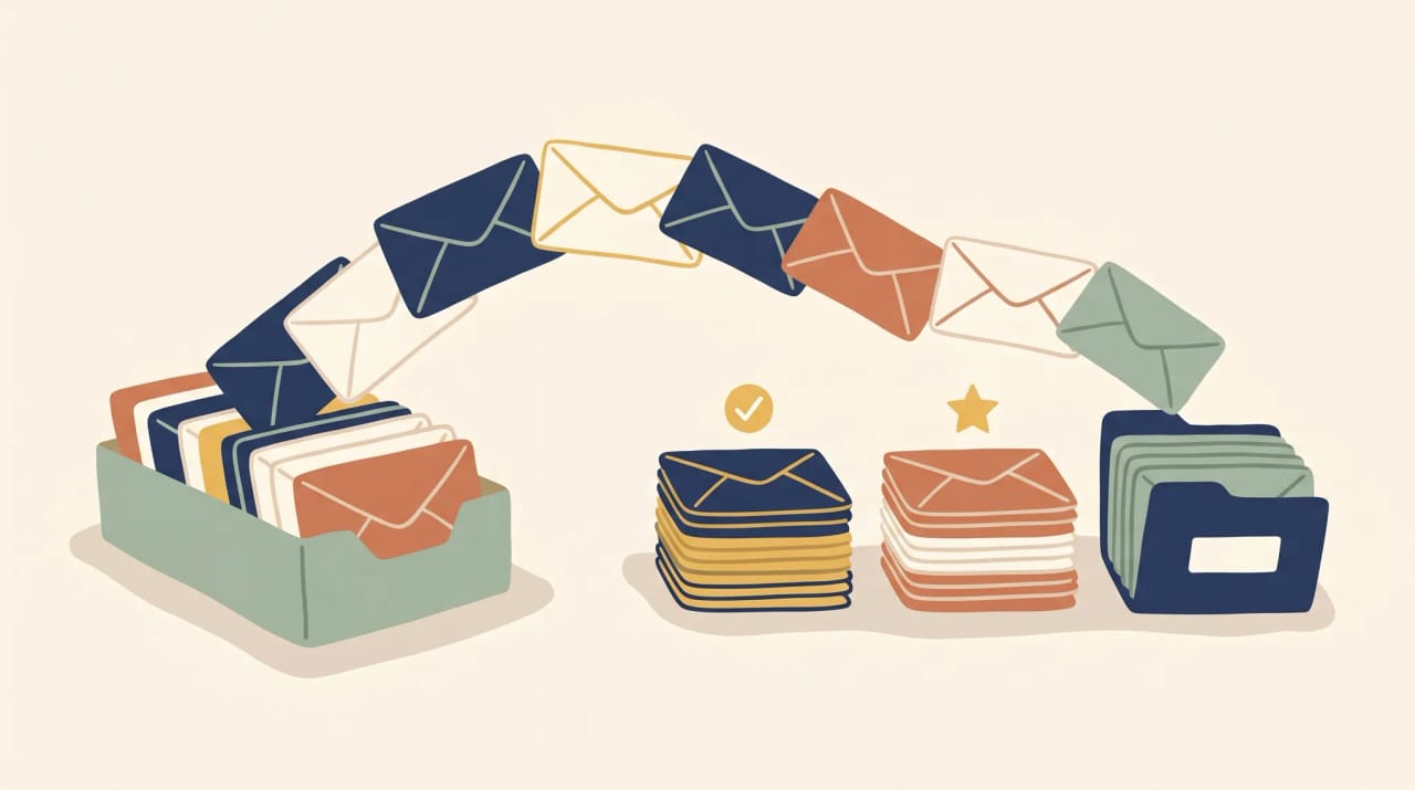 AI assistant sorting incoming emails into priority folders with urgent, follow-up, and archive labels