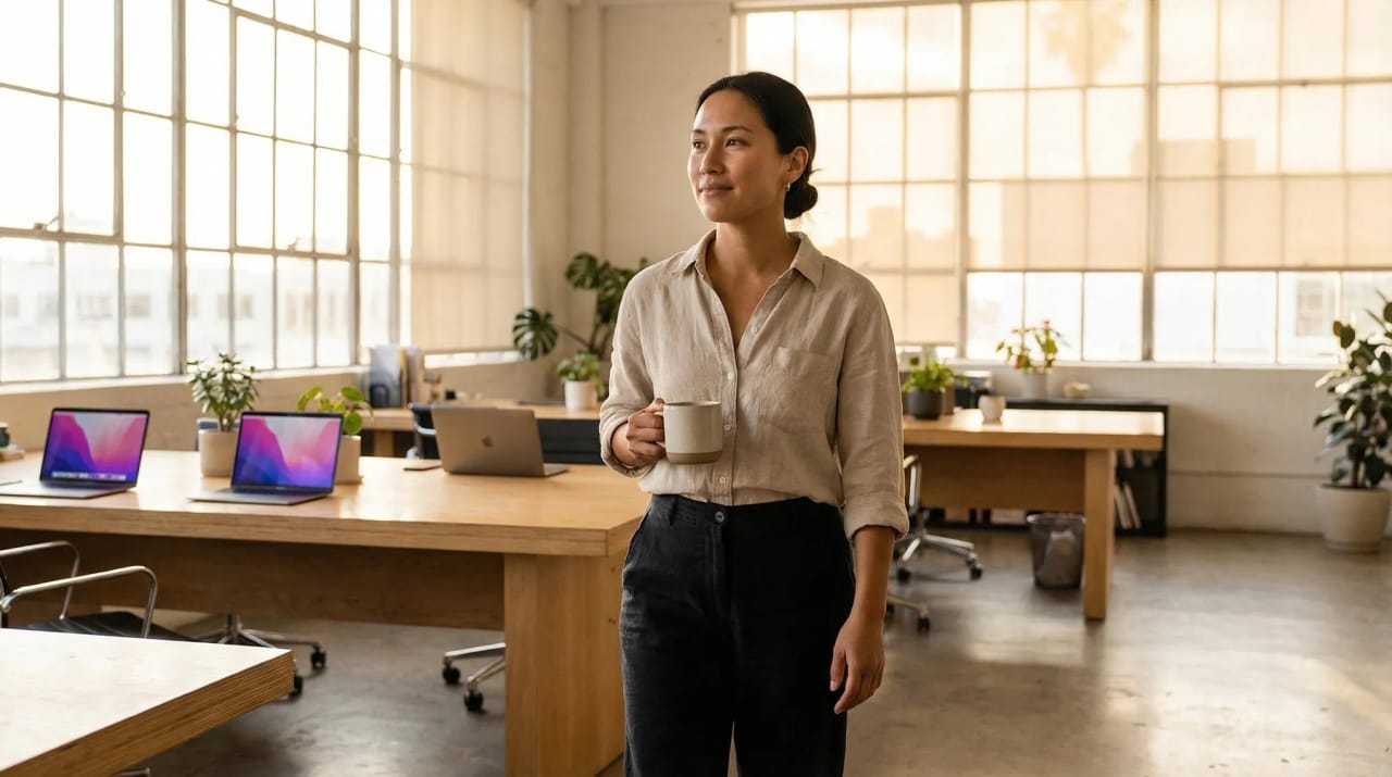 Team of stylized AI assistant avatars working alongside human colleagues at desks with laptops and task boards