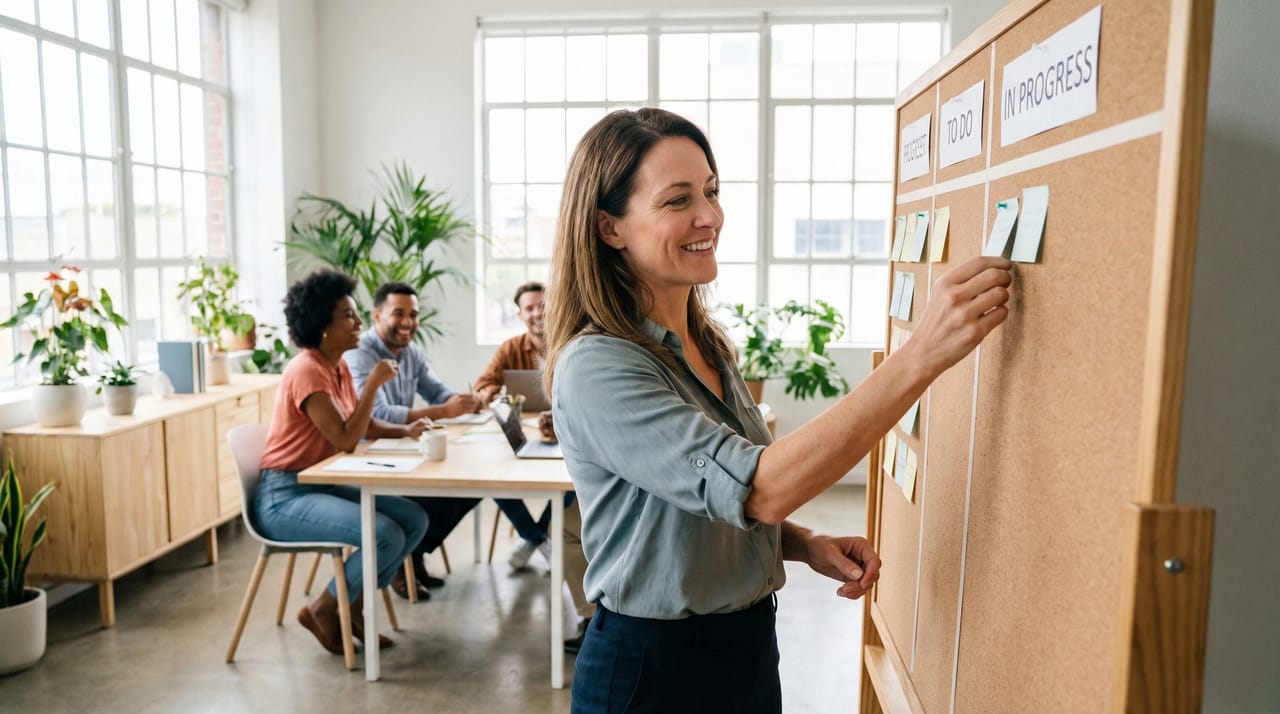 AI assistant overseeing a project board with tasks, deadlines, team avatars, and progress bars
