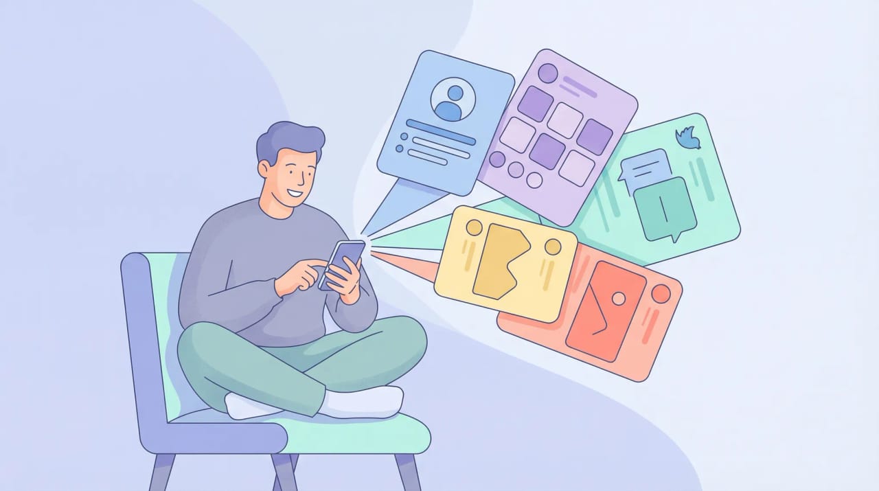 AI agent scheduling and posting content across multiple social media platforms shown as floating app icons