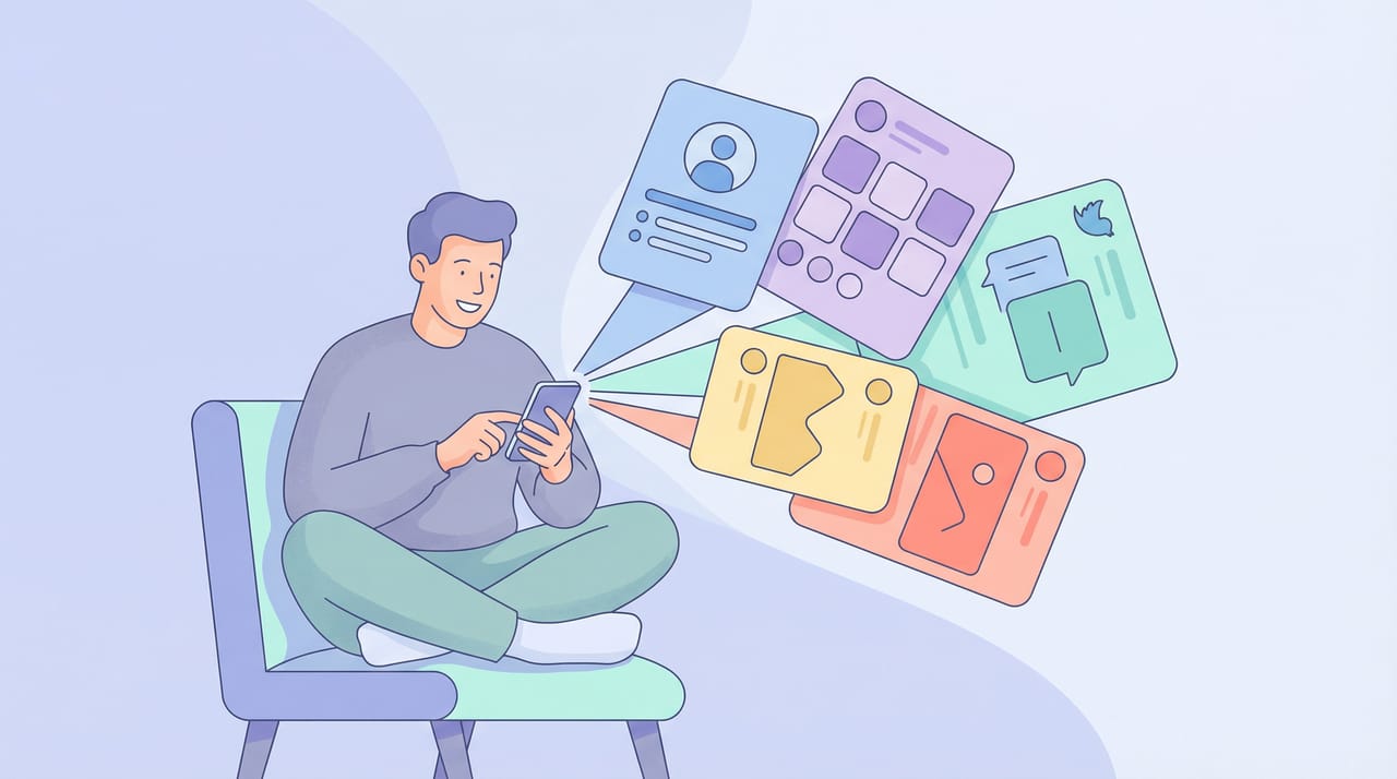 AI agent scheduling and posting content across multiple social media platforms shown as floating app icons