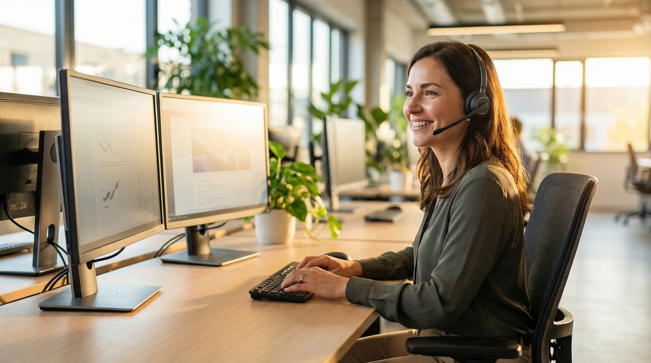 AI assistant answering customer support tickets with chat bubbles and a knowledge base icon