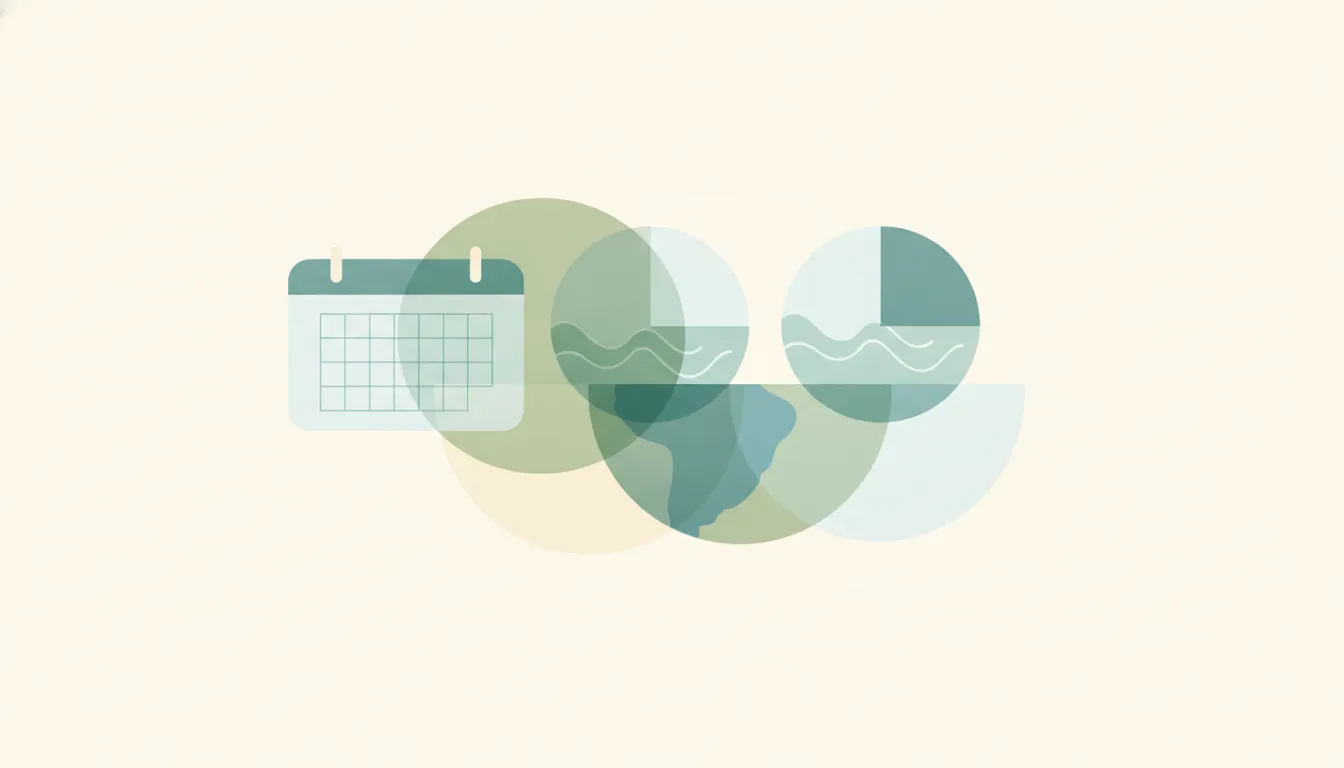 Illustration of a Google Calendar week view with two time zone columns and a clock showing different regions