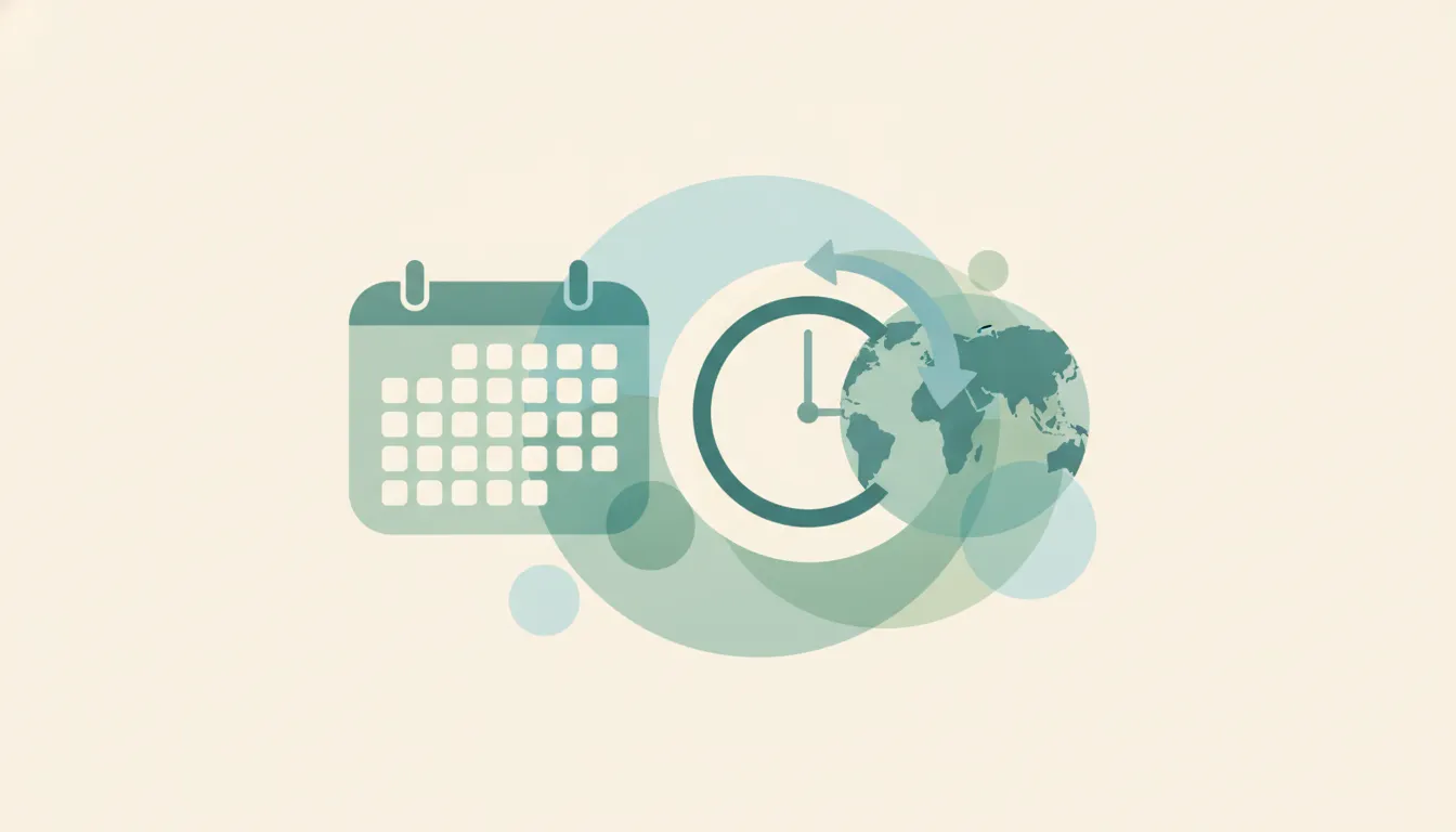 Illustration of an Outlook calendar with a clock and globe showing two time zones side by side