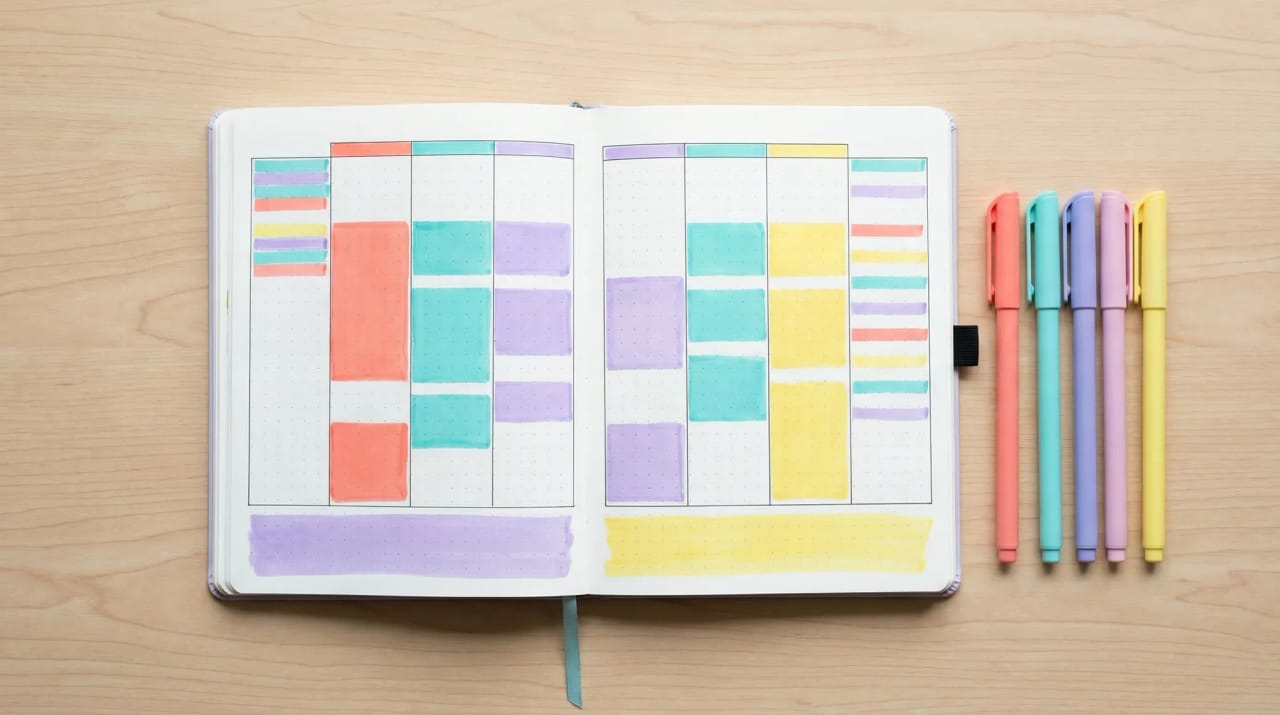 Outlook calendar grid with color-coded category labels applied across events for visual organization