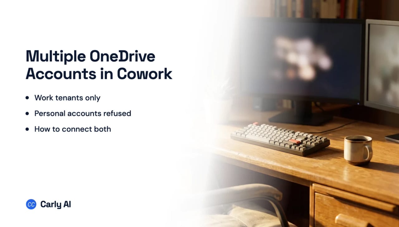 Two OneDrive accounts beside a single Claude Cowork session