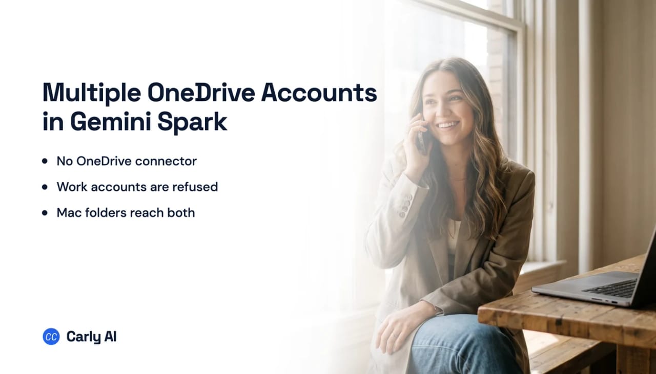 Two OneDrive accounts synced on a Mac beside a single Gemini Spark session