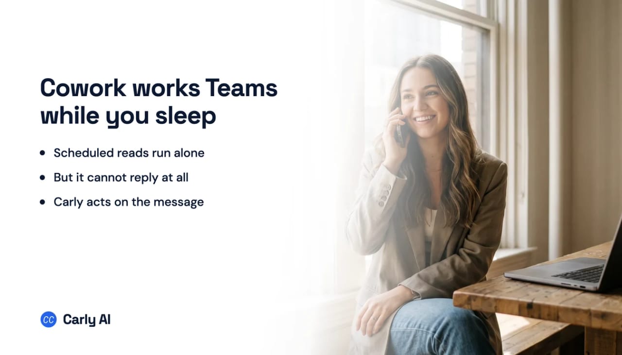 Two Microsoft Teams organizations feeding a scheduled Claude Cowork task