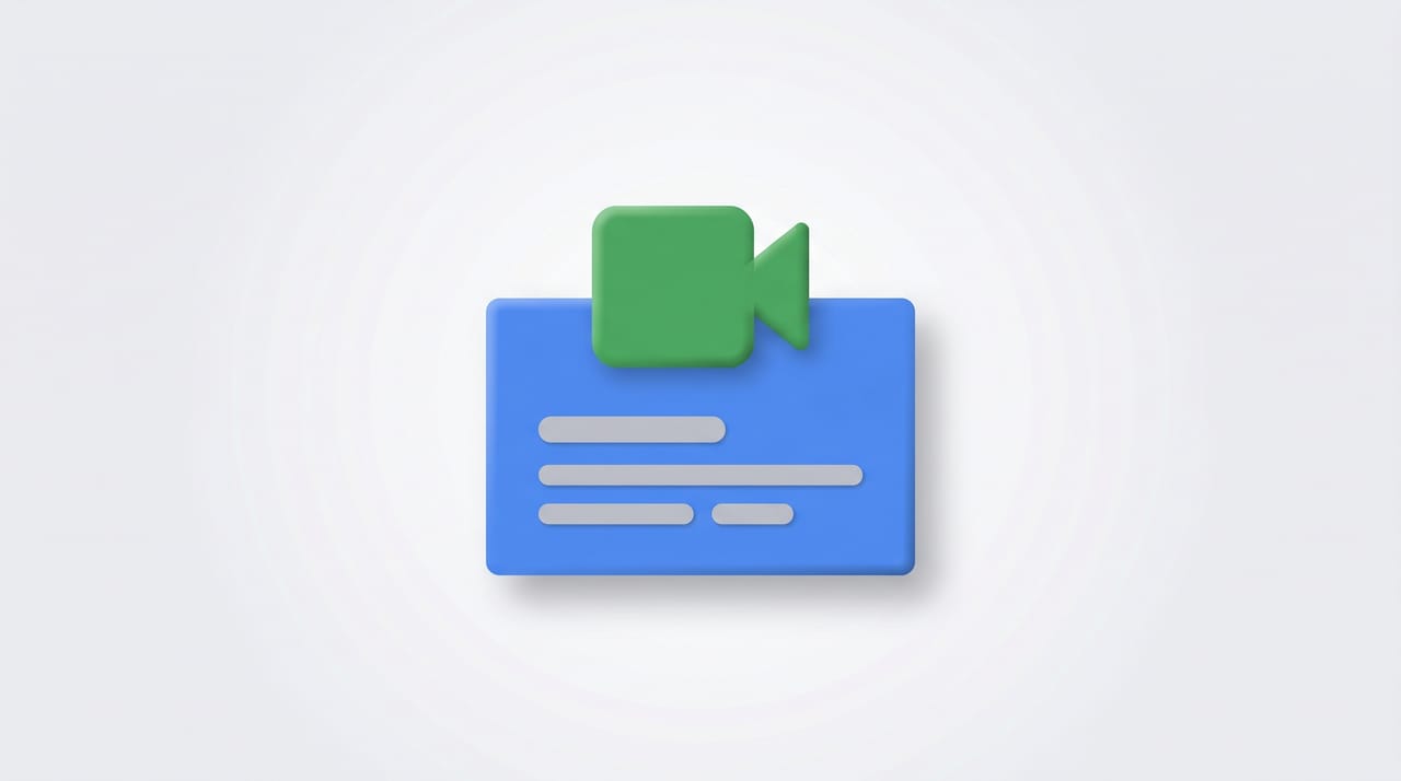 Google Meet video icon with a generated meeting link appearing from a calendar event and a browser URL