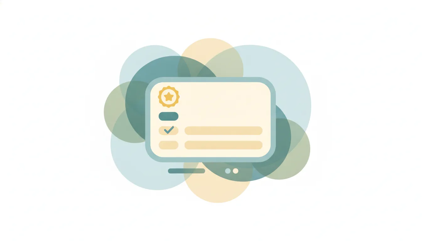 A rounded quiz card with a checkmark, a star score badge and stacked answer rows over layered circles
