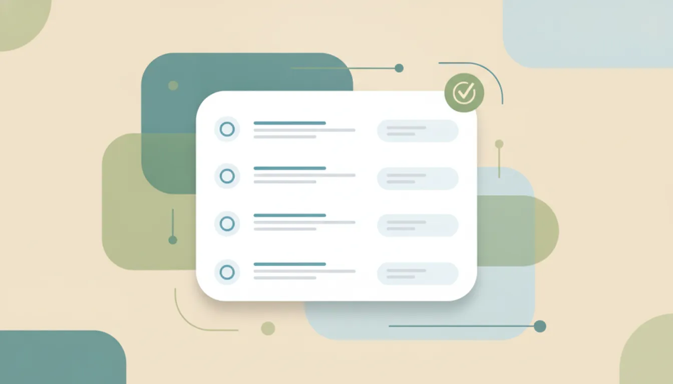 A rounded survey card with stacked question rows and a soft check badge over layered circles