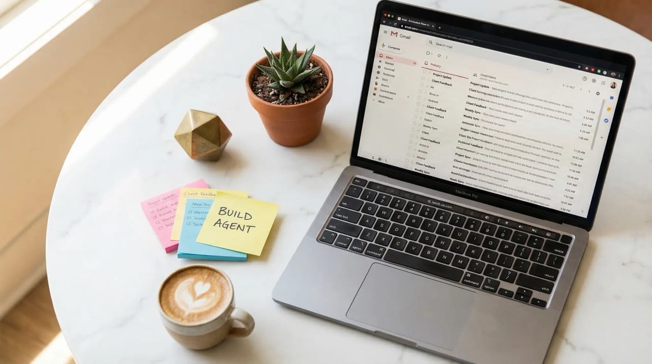 Custom AI email assistant icon being configured with personality settings, integrations, and a Gmail inbox preview