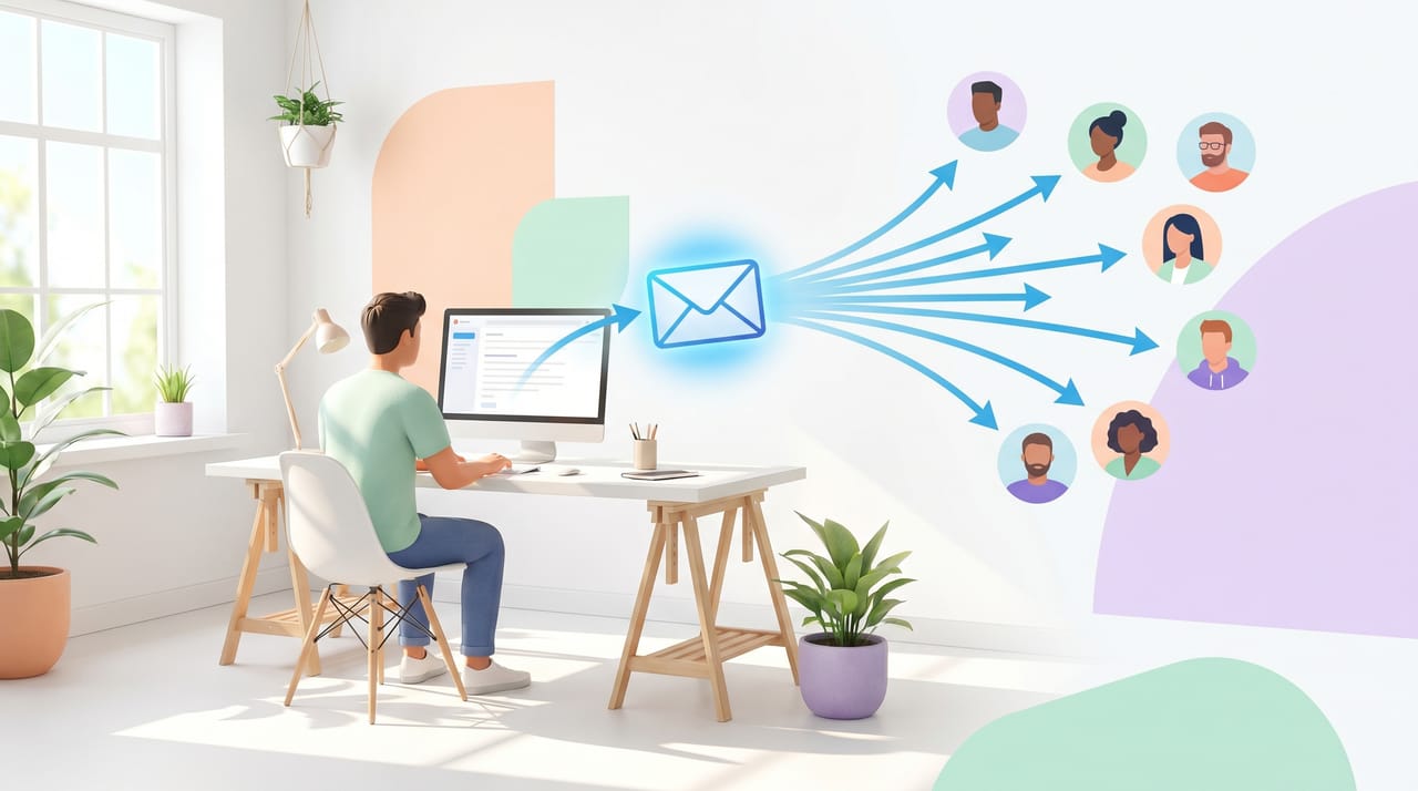Gmail compose window with a single group label expanding into many recipient avatars in the To field