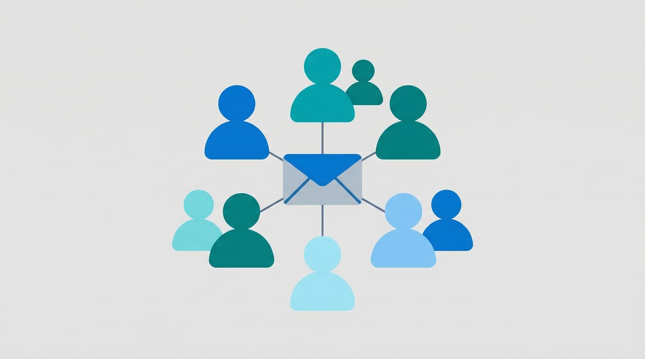 Outlook compose window with a distribution list chip expanding to show multiple recipient avatars