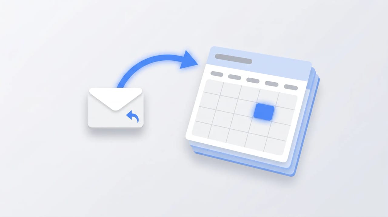 Gmail message with an arrow transforming it into a Google Calendar event card with date and time filled in