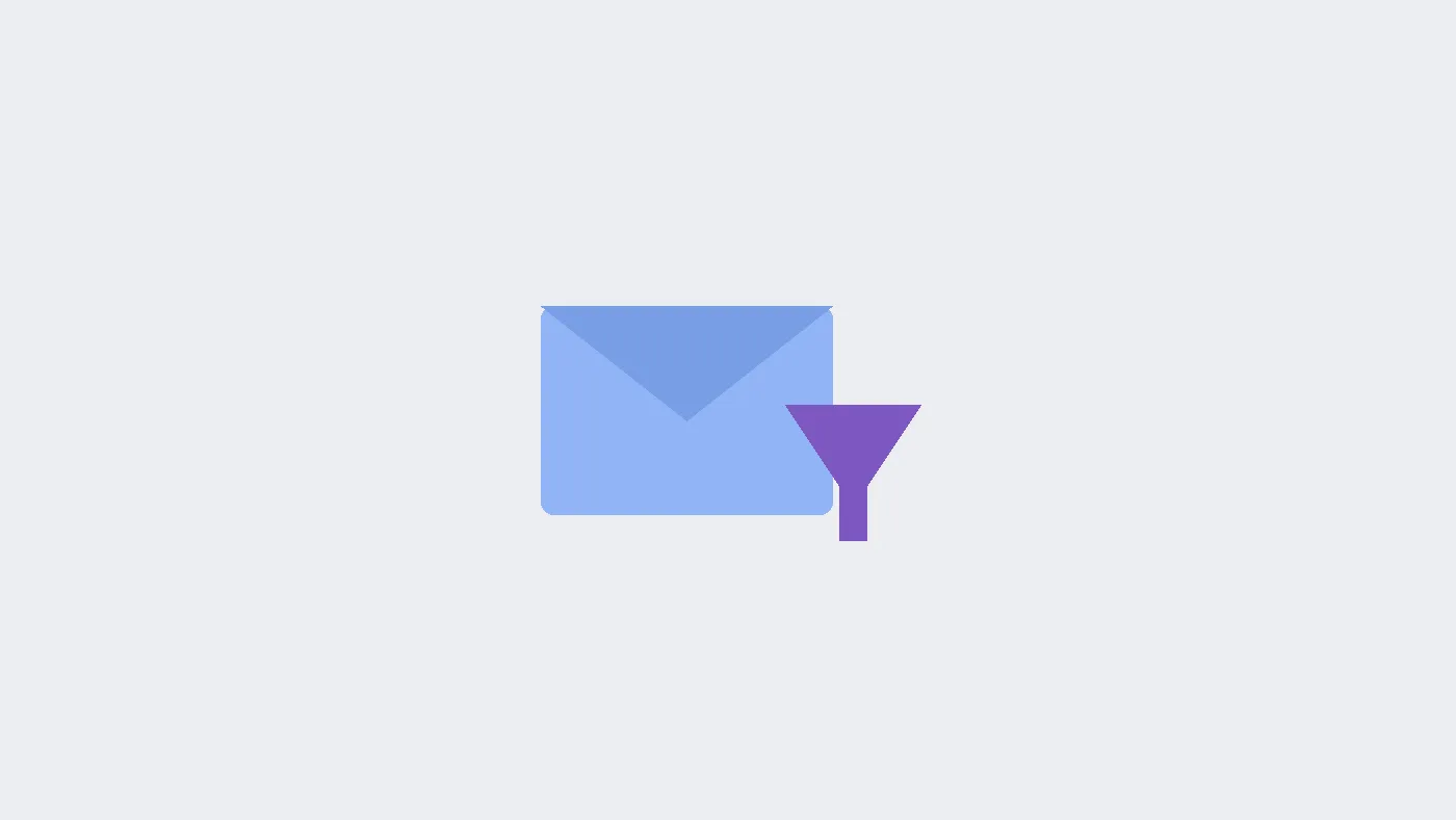 Gmail inbox with a filter funnel icon sorting incoming messages into folders by sender, subject, and label