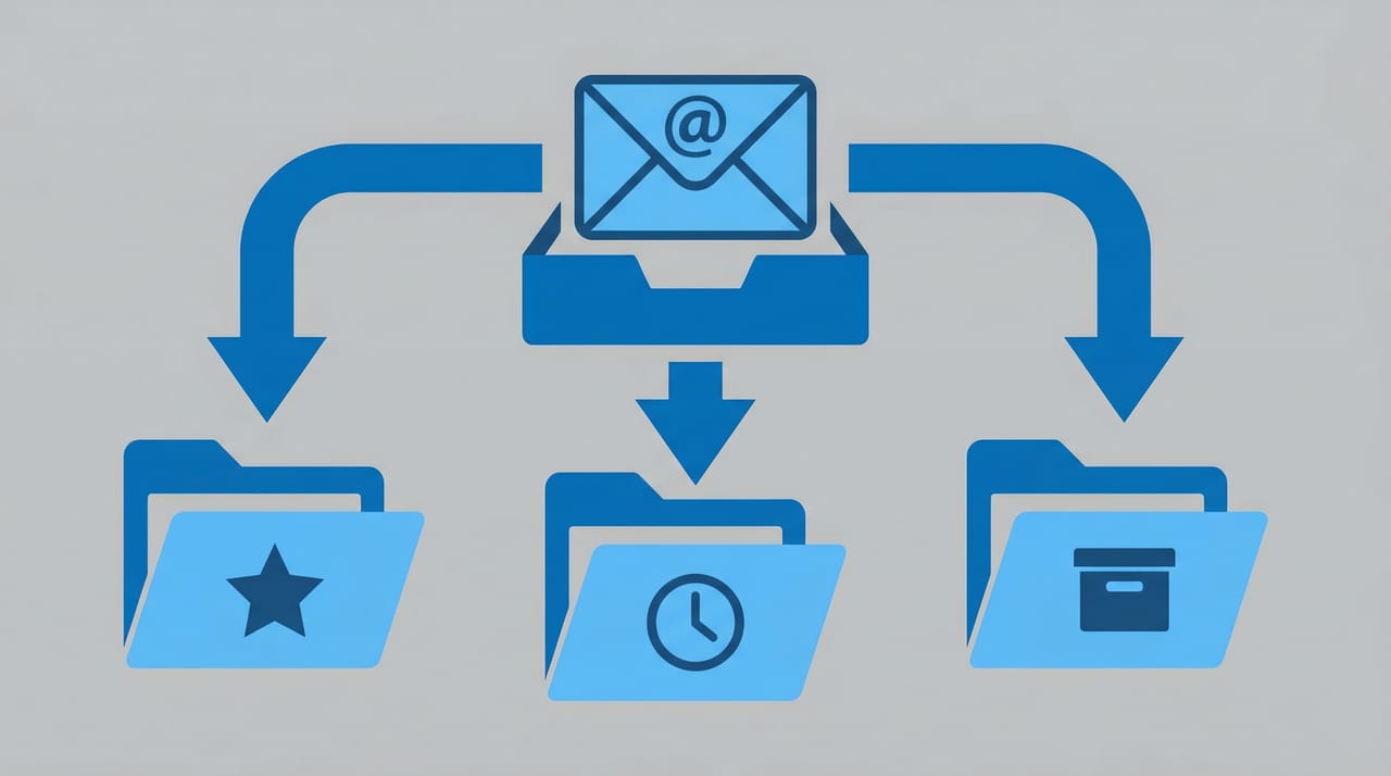 Illustration of an Outlook inbox with arrows routing emails into folders and rule-based filter icons organizing messages
