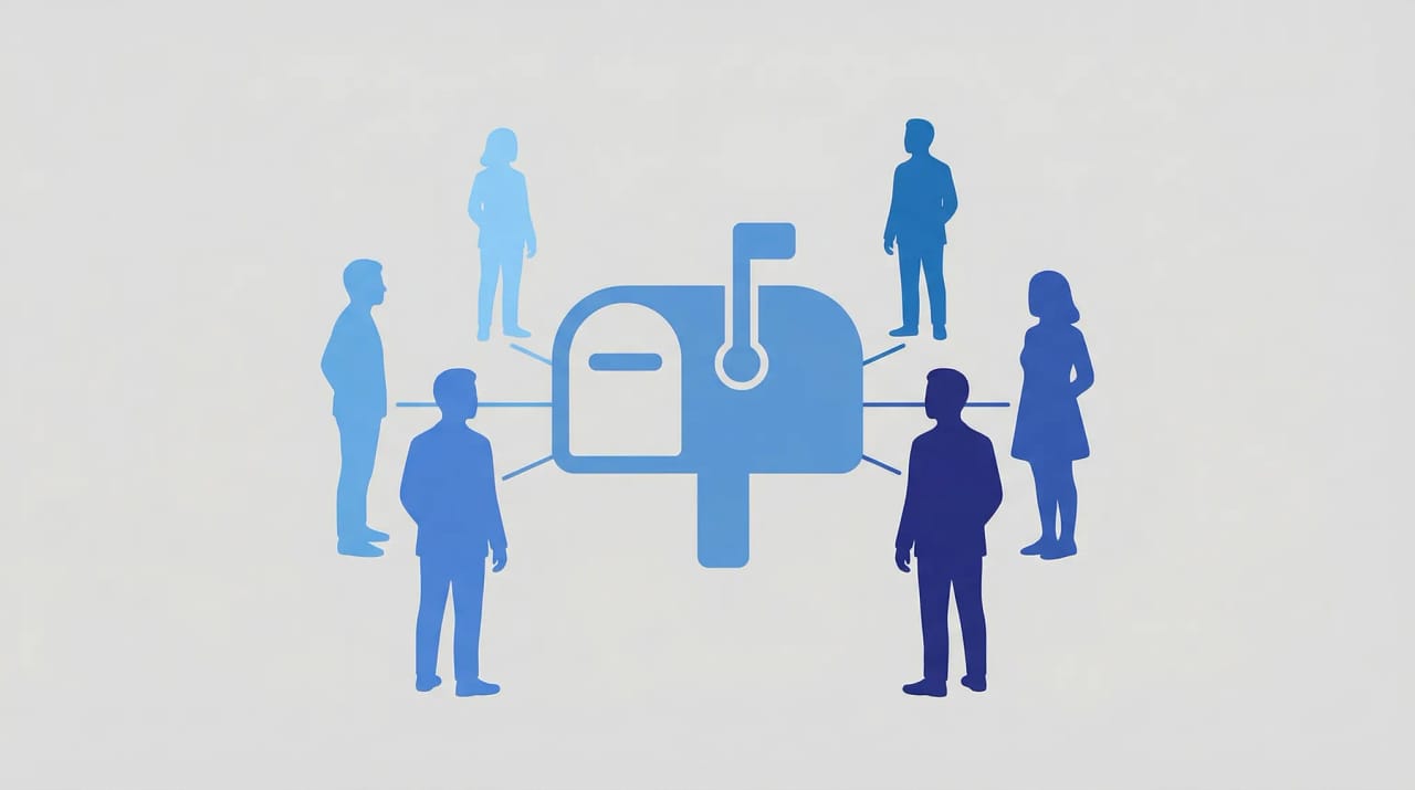 Illustration of multiple teammates accessing a single Outlook inbox with shared envelope icons and connecting lines