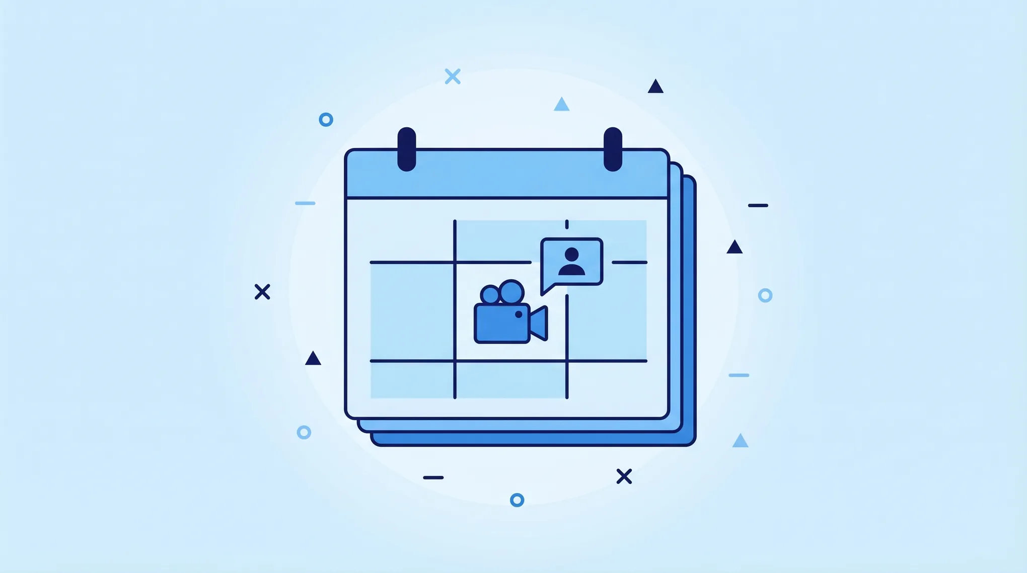 Illustration of an Outlook calendar event linked to a Microsoft Teams video tile with meeting join icons and time blocks