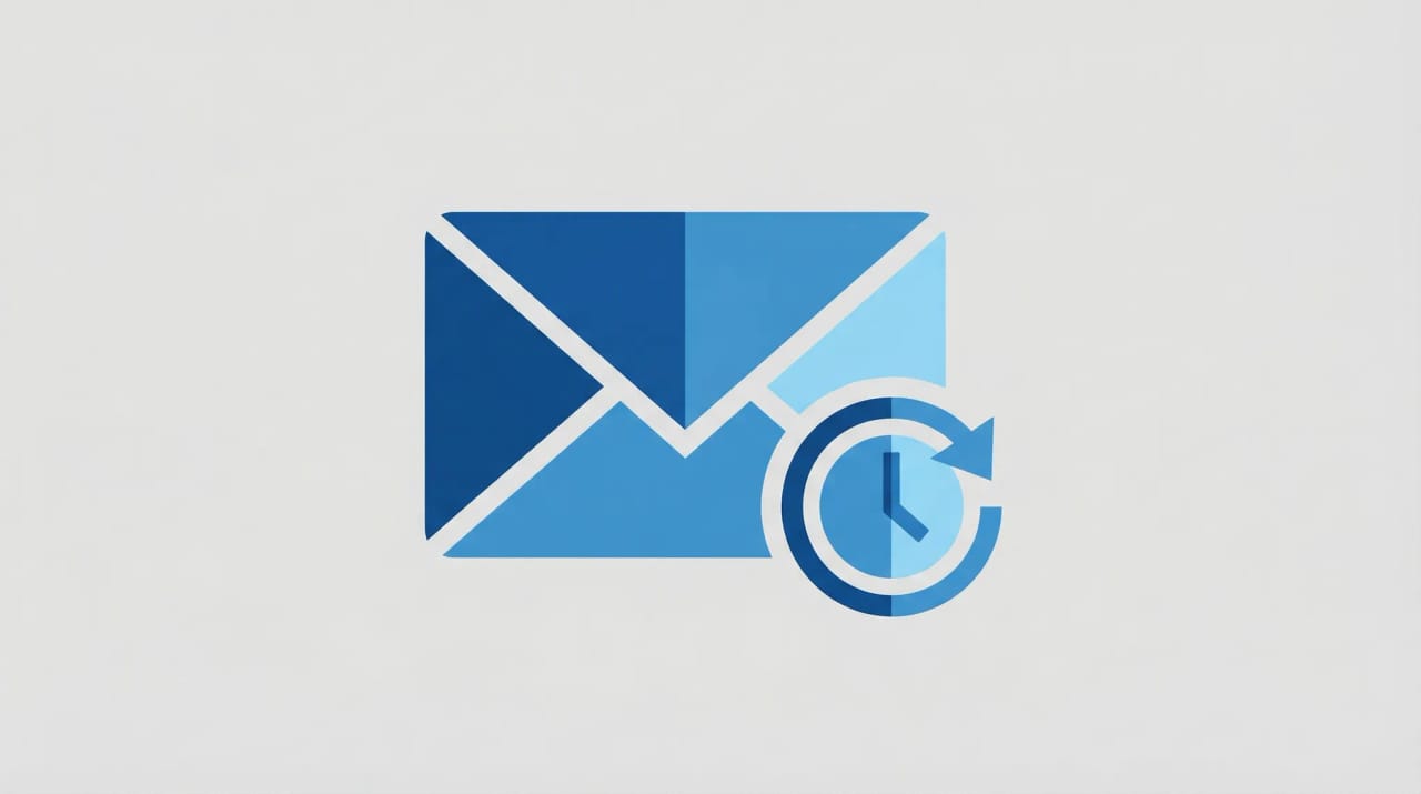 Illustration of an Outlook email floating above a clock face with a pause icon representing scheduled or delayed send