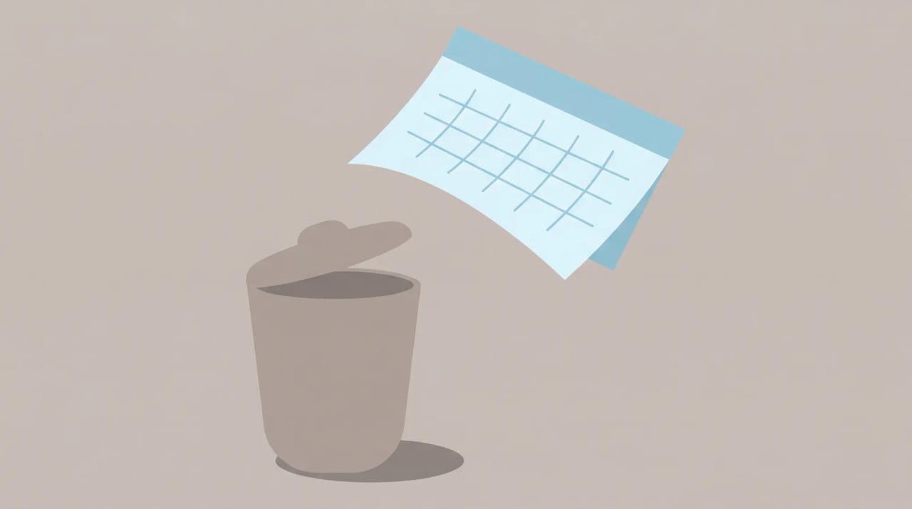 Illustration of a Google Calendar tile being moved to a trash bin with backup arrows preserving important events nearby