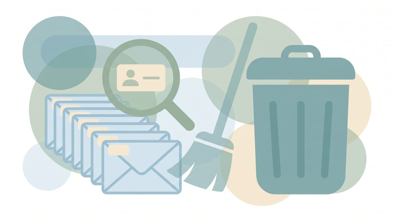 Gmail inbox illustration with a single sender's emails highlighted and a sweeping trash icon clearing them in one motion