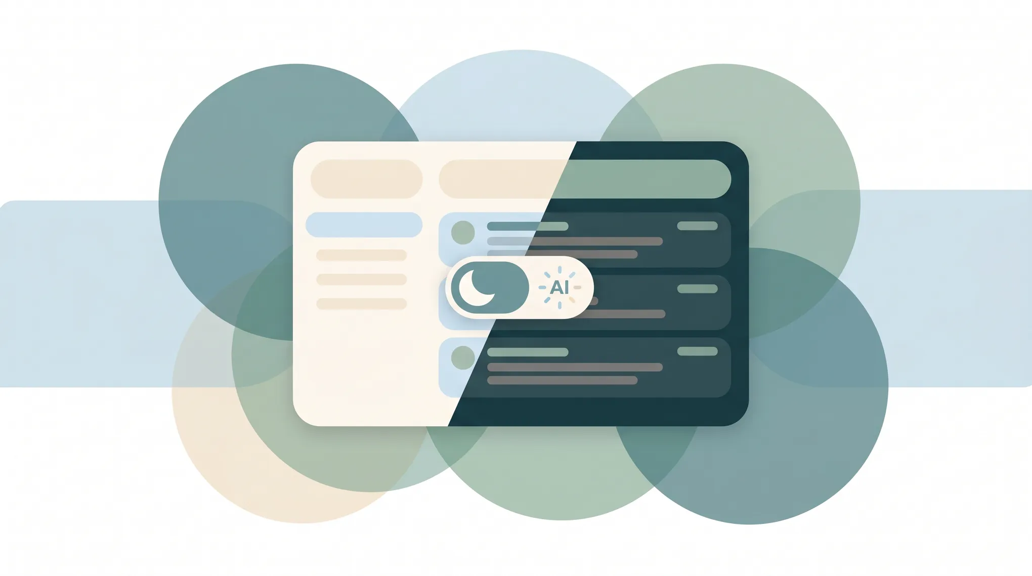 Illustration of a Gmail inbox split between light and dark themes with a toggle switch flipping between the two modes