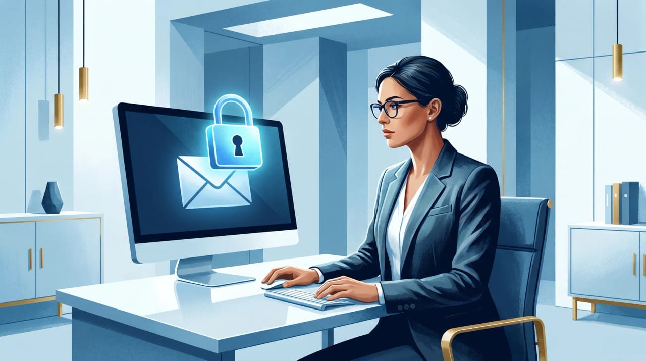 Illustration of a Gmail message wrapped in a padlock with an encryption shield icon showing secure email delivery