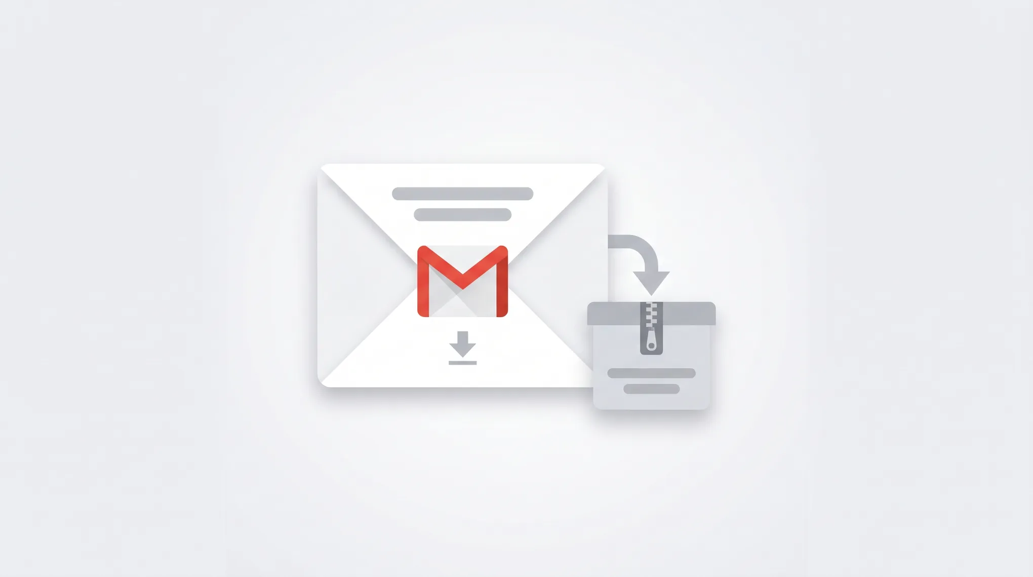 Illustration of a Gmail inbox with messages flowing into download files labeled MBOX, EML, and PDF via Google Takeout
