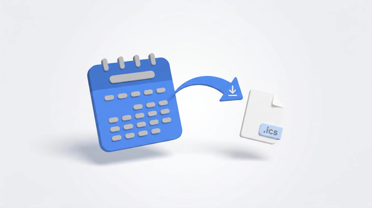 Illustration of a Google Calendar with events flowing into a downloadable ICS file icon and a backup folder graphic