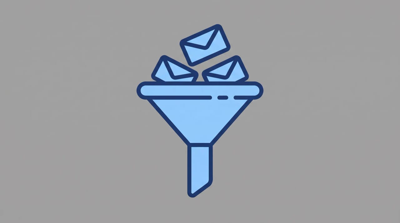 Illustration of an Outlook inbox with a funnel filtering messages into category folders by sender, date, and priority