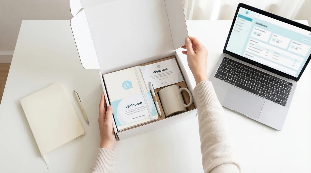 Hands opening a welcome kit beside a laptop showing a dashboard, on a bright white desk