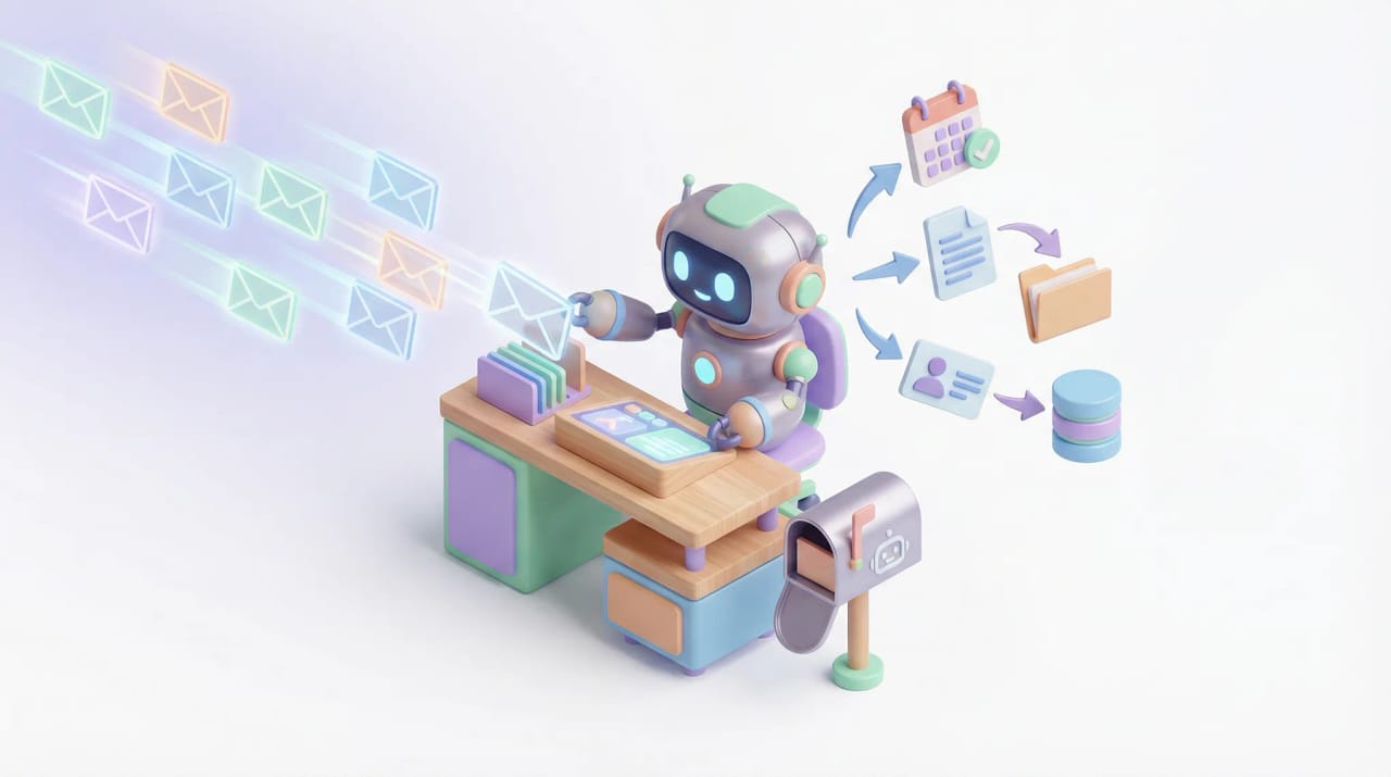 Illustration of a friendly AI assistant character holding its own envelope with an at sign and a personal email address