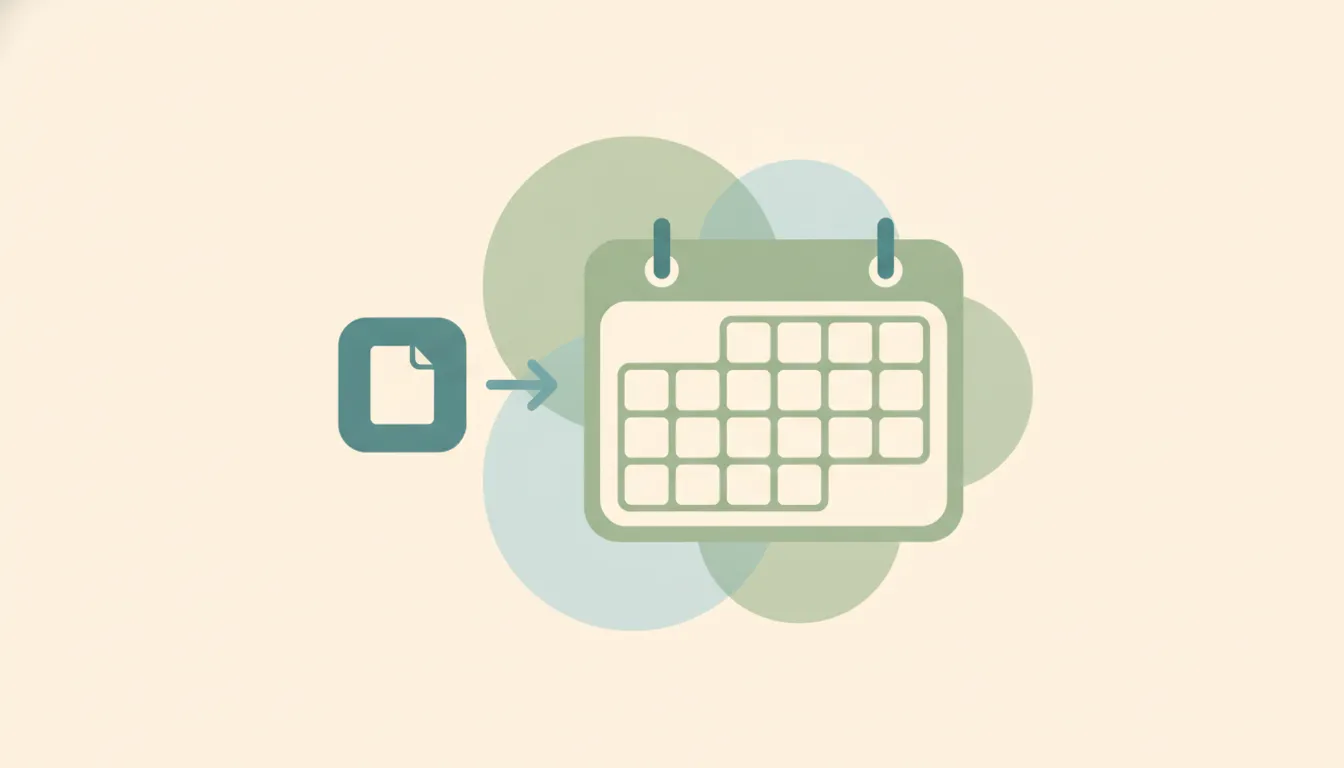 Illustration of a calendar file icon being loaded into an Outlook calendar grid with sync arrows