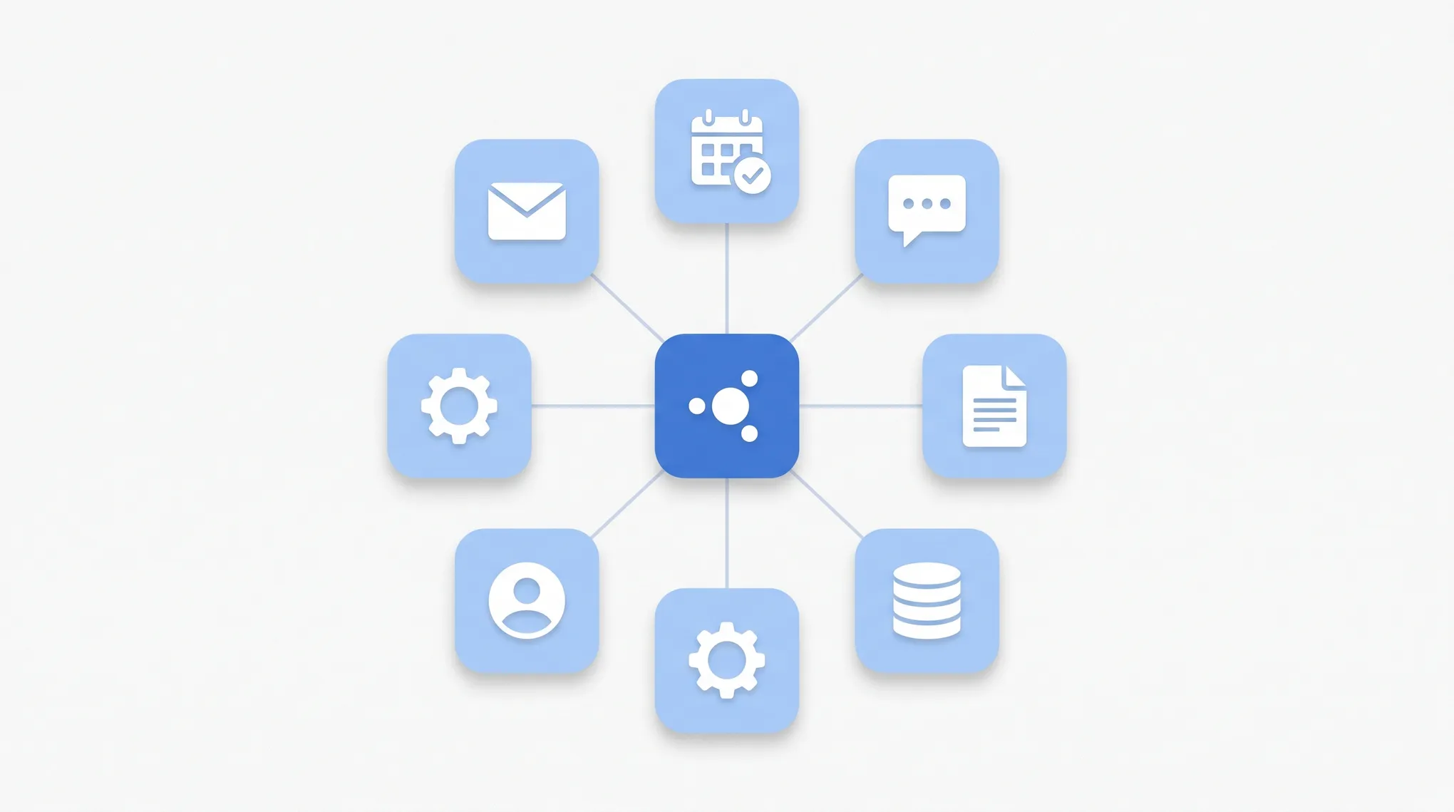Illustration of a workplace desk with a glowing AI assistant icon connected to calendar, inbox, and chat workflow icons