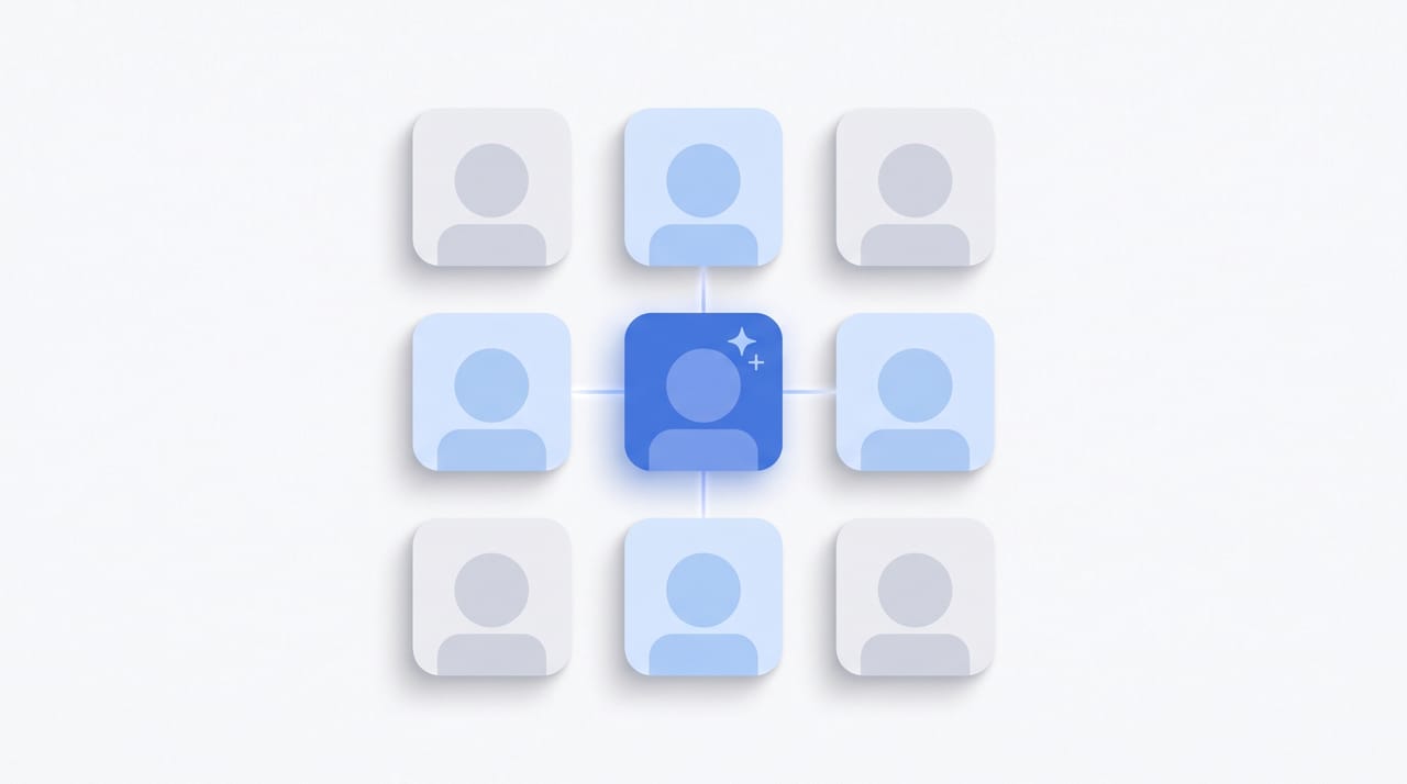 Illustration of a team gathered around a screen welcoming a friendly AI assistant character with handshake icons