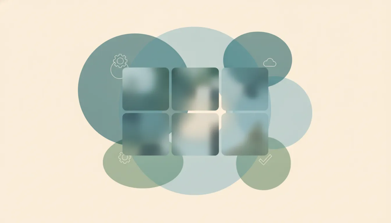 A tidy grid of soft photo tiles assembling into one collage over layered circles