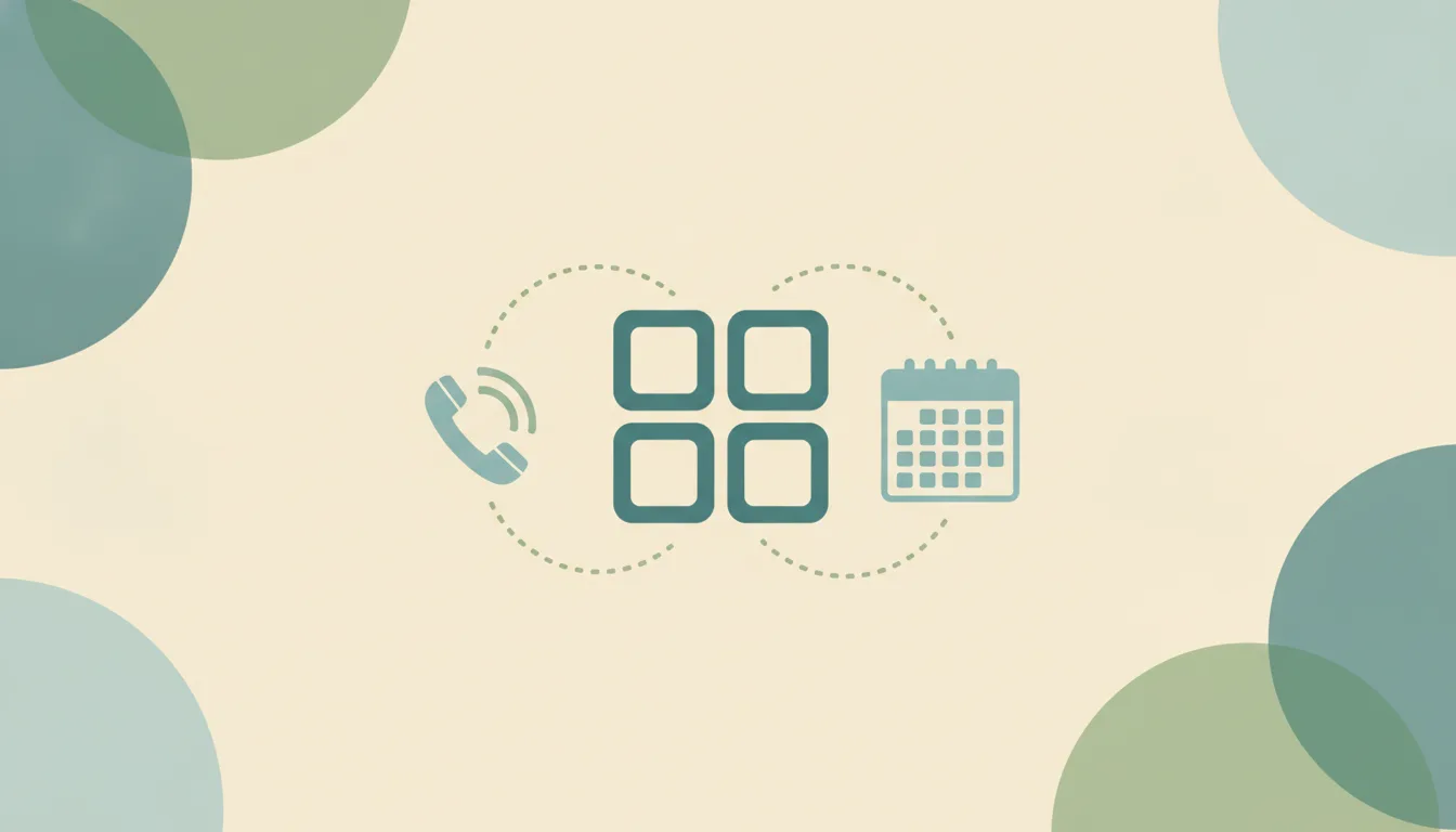 Four rounded squares in a grid linked by dotted lines to a phone handset with sound-wave arcs and a calendar grid over soft layered circles