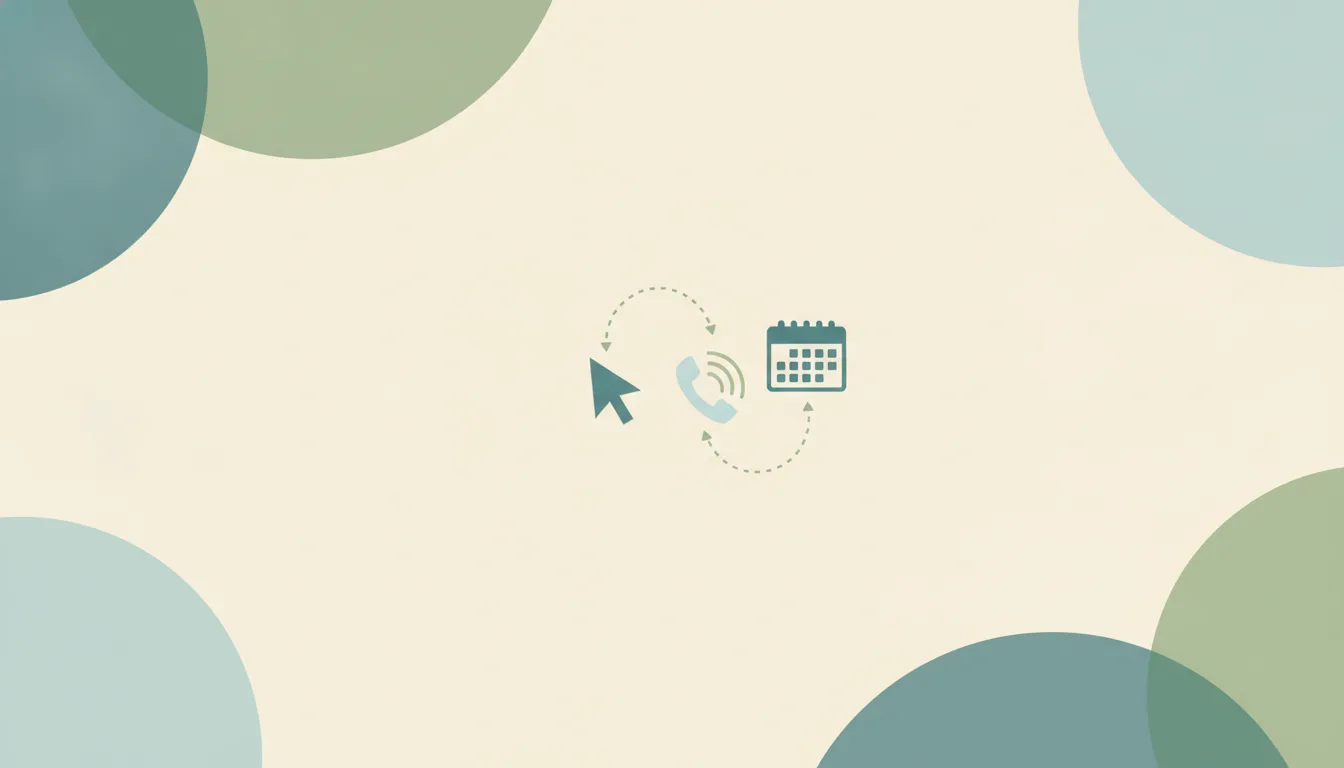 A text cursor arrow linked by dotted lines to a phone handset with sound-wave arcs and a calendar grid over soft layered circles