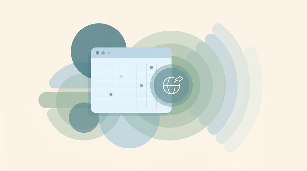 Illustration of a Google Calendar with a globe icon broadcasting events publicly through a sharing link to web visitors