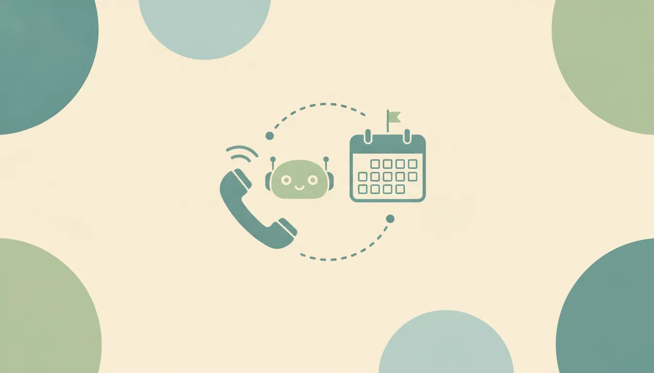 A small friendly rounded robot head holding a phone handset with sound-wave arcs, linked by dotted lines to a calendar grid over soft layered circles