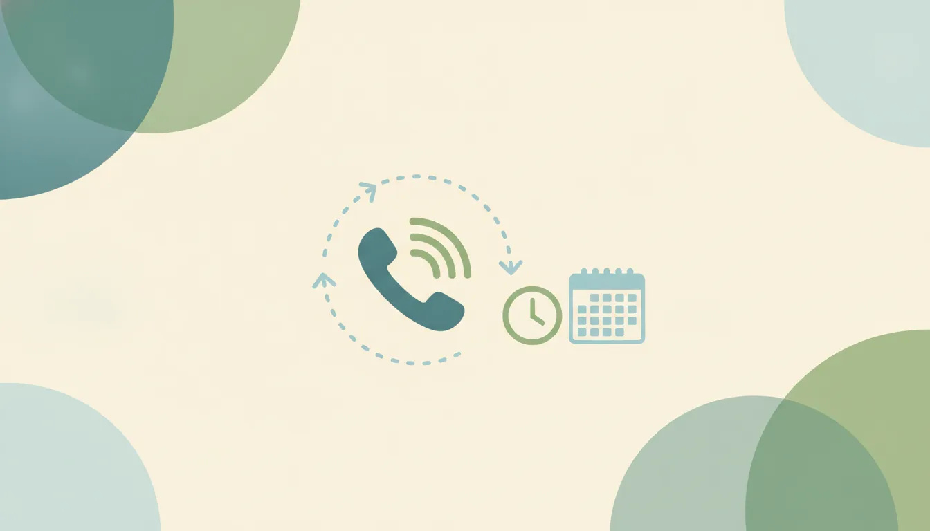 A phone handset with sound-wave arcs inside a ring of dotted arrows, beside a small clock and a calendar grid over soft layered circles