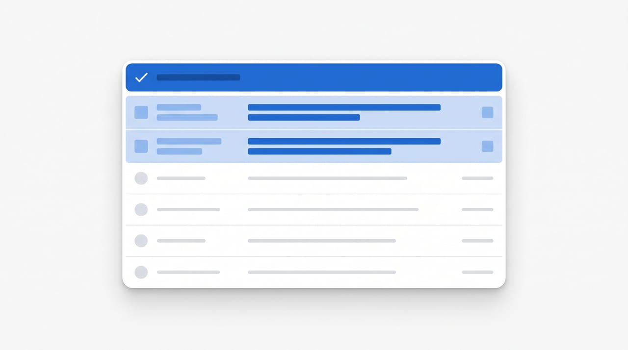 Illustration of an Outlook inbox with bold unread emails flipping to read state via a bulk checkmark sweep icon