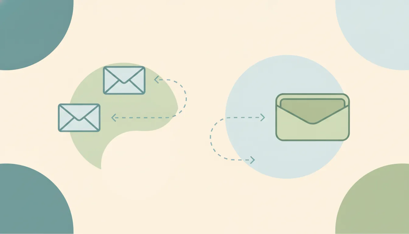 Two Gmail inboxes flowing together into a single combined inbox with mail and contacts merging