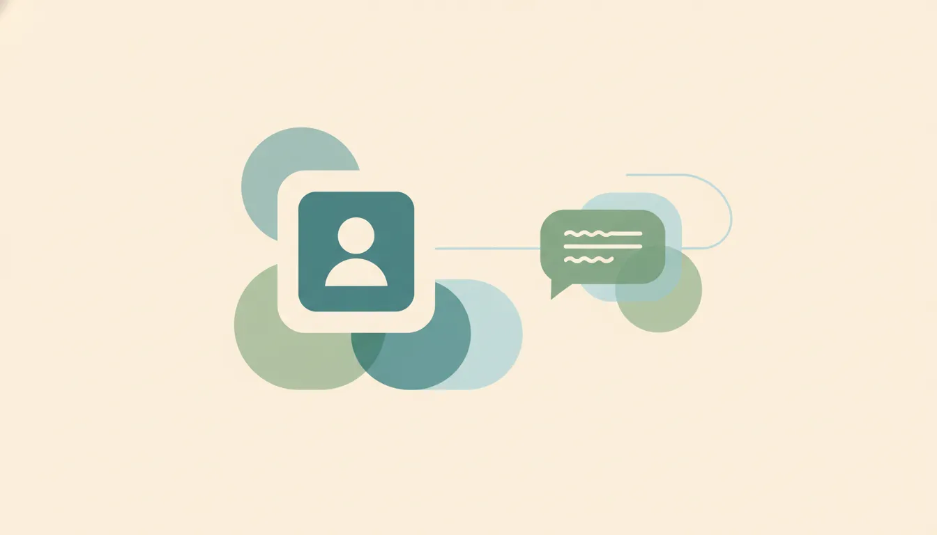 A profile card linked by a soft line to an outgoing message bubble