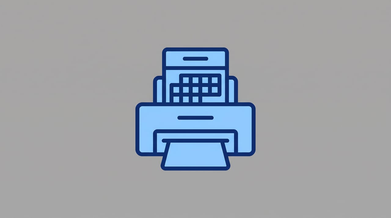 Illustration of an Outlook calendar page exiting a printer with daily, weekly, and monthly view layouts on paper