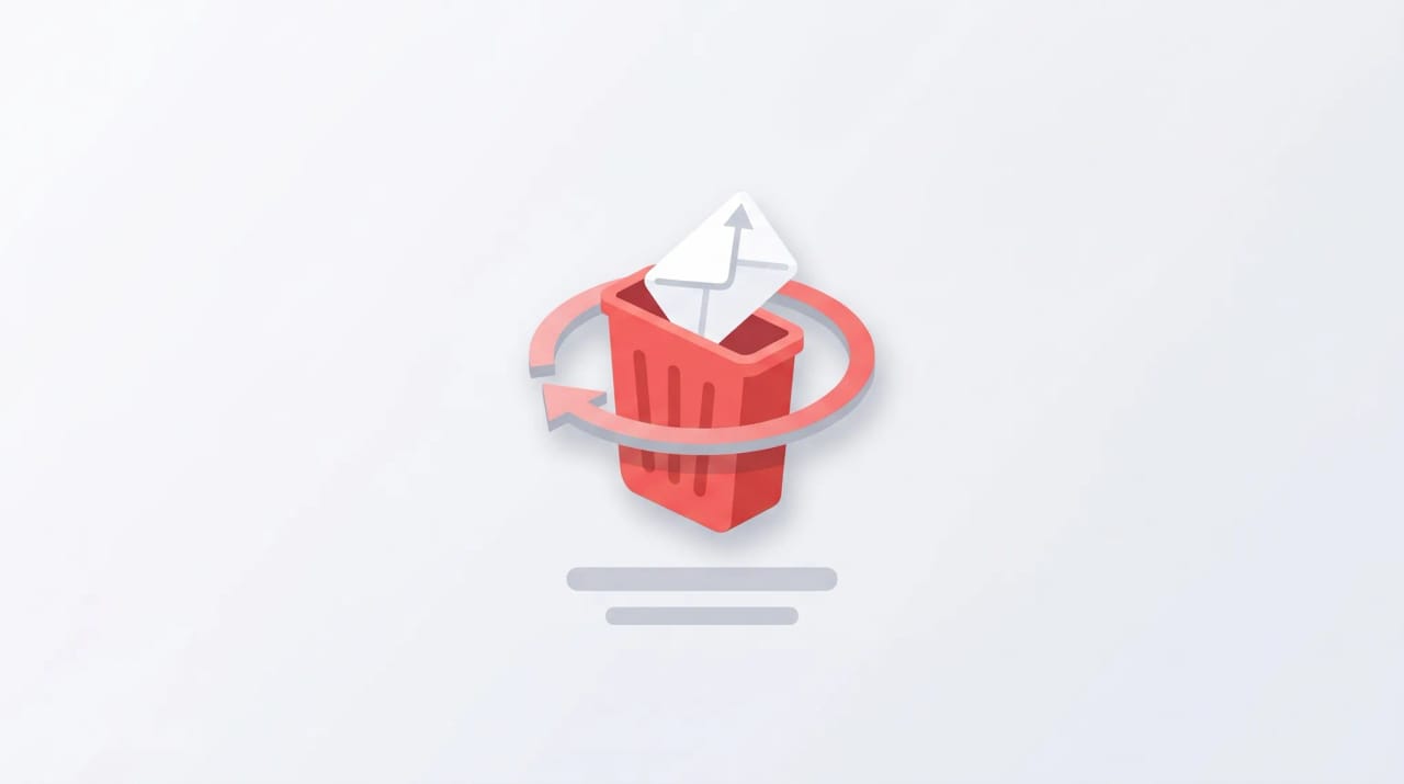 Illustration of a Gmail trash bin with messages being restored upward into the inbox by a recovery arrow and folder