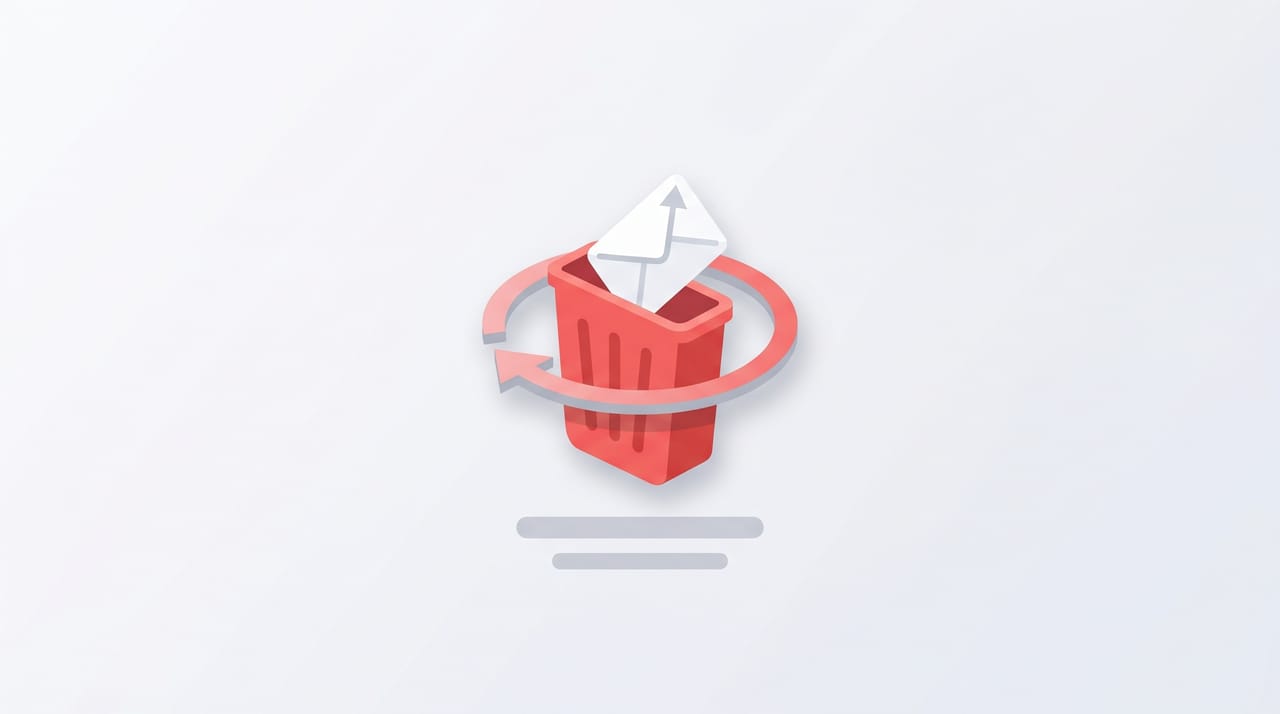 Illustration of a Gmail trash bin with messages being restored upward into the inbox by a recovery arrow and folder