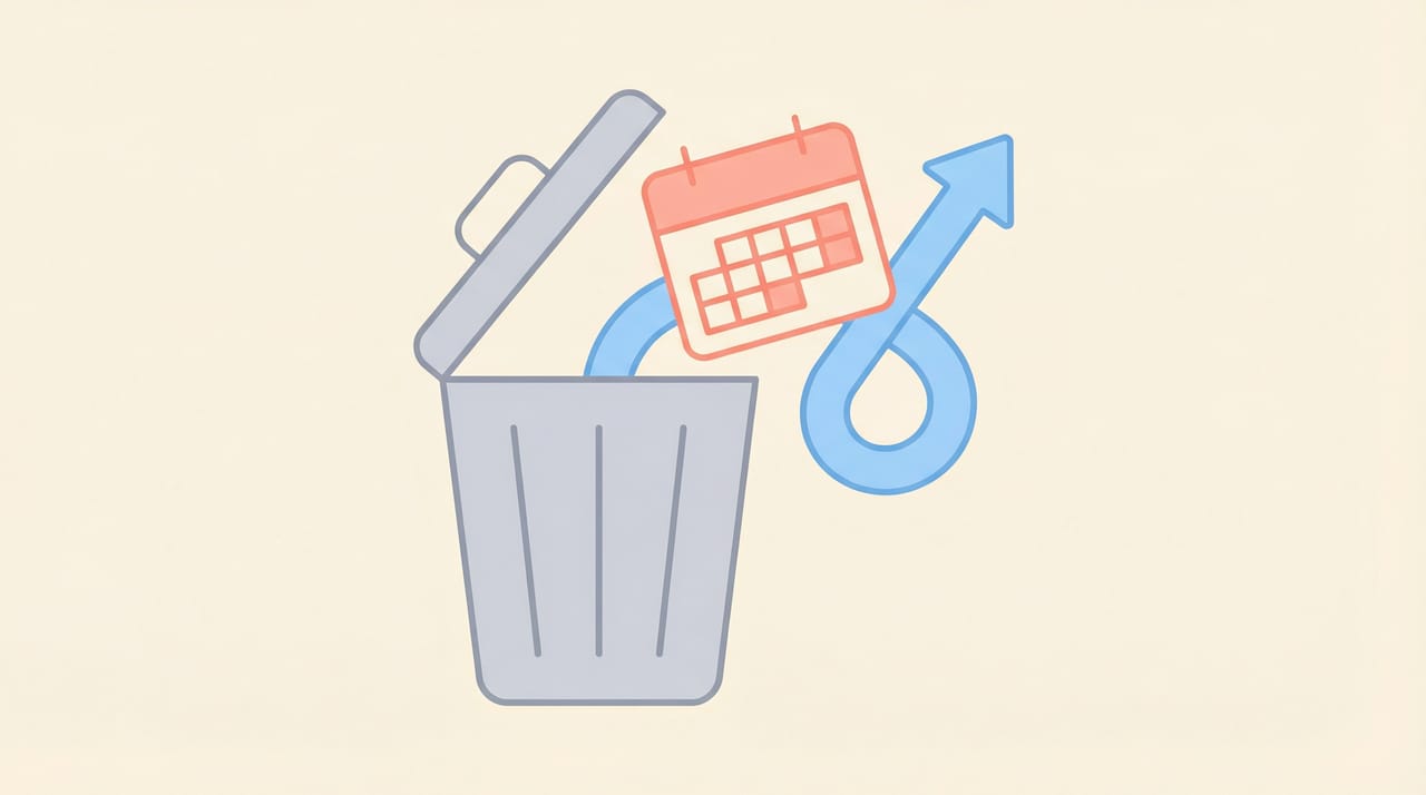 Illustration of a Google Calendar trash bin with deleted event tiles being restored upward to the calendar grid view
