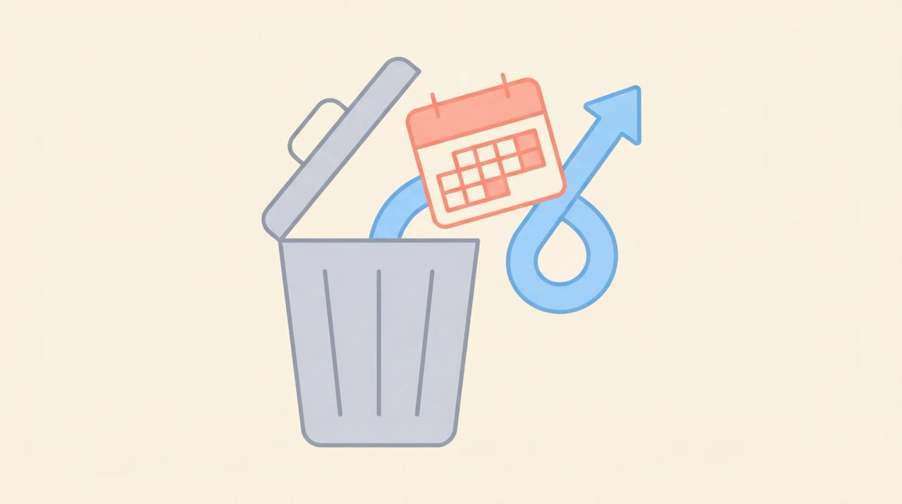Illustration of a Google Calendar trash bin with deleted event tiles being restored upward to the calendar grid view